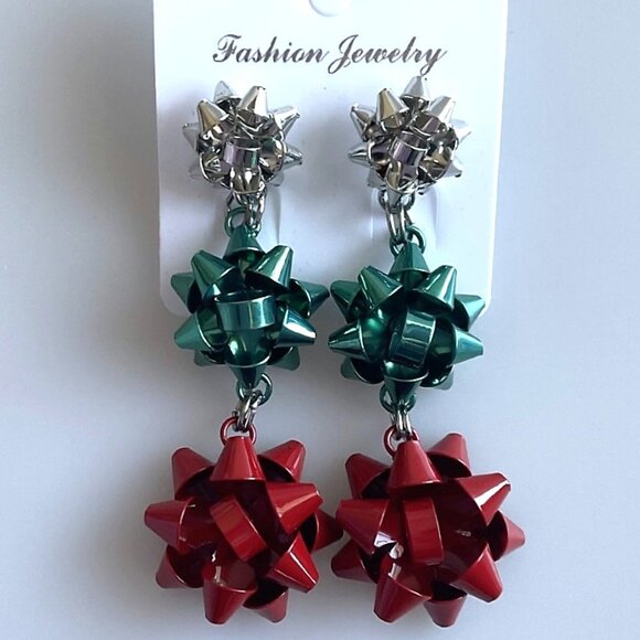 NEW HOLIDAY GIFT BOWS TIER METAL EARRINGS RED GREEN SILVER - Picture 5 of 8
